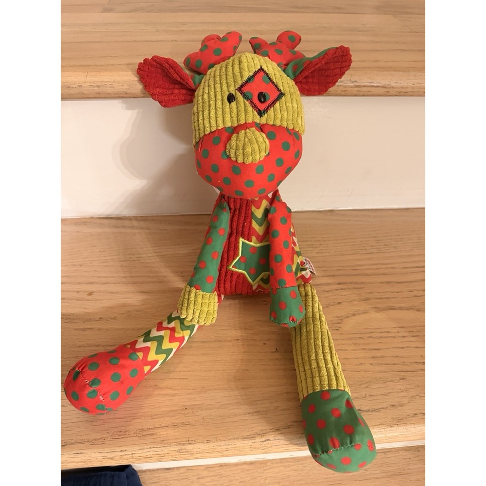 GANZ Quiltees Reindeer 16" Christmas Plush Red Green Patch Corduroy EUC